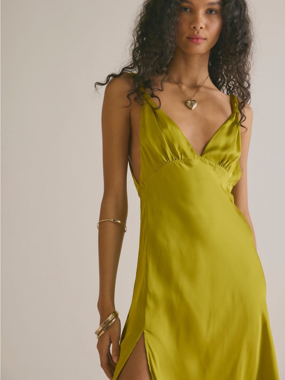Free People Show Business Satin Midi Slip Dress in Chartreuse Green - Picture 3 of 7